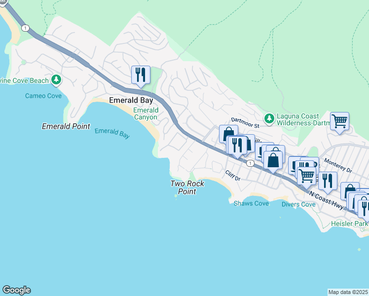 map of restaurants, bars, coffee shops, grocery stores, and more near 170 McKnight Drive in Laguna Beach