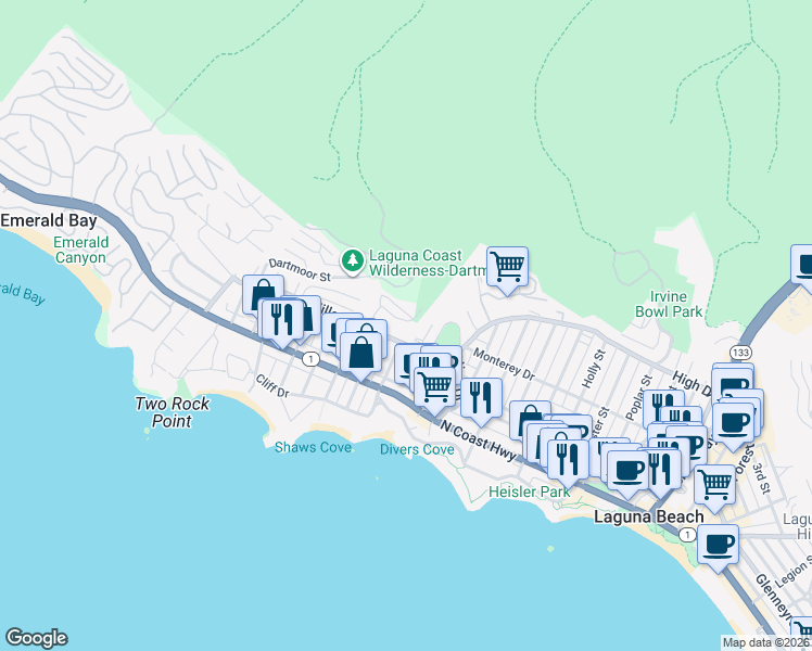 map of restaurants, bars, coffee shops, grocery stores, and more near 383 Pinecrest Drive in Laguna Beach