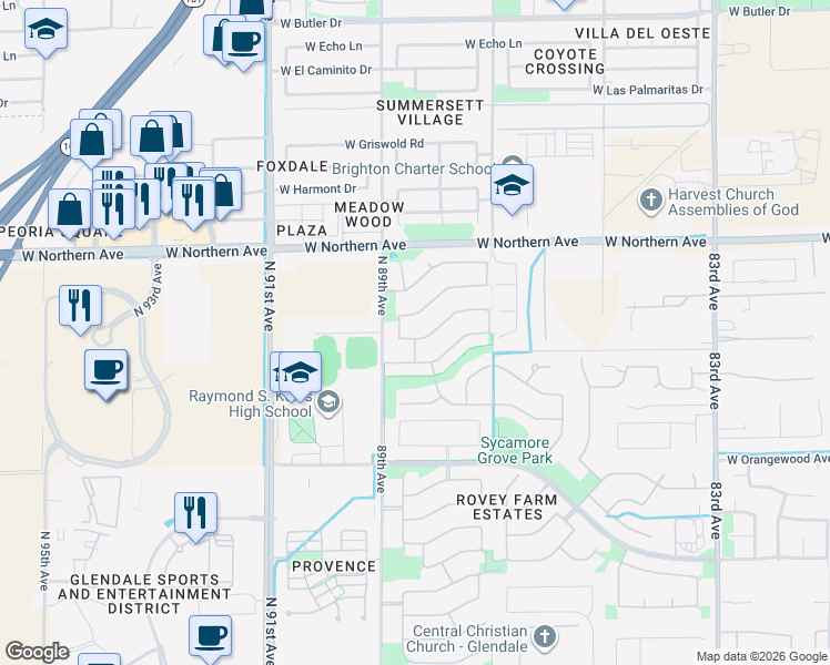 map of restaurants, bars, coffee shops, grocery stores, and more near 8808 West Hayward Avenue in Glendale