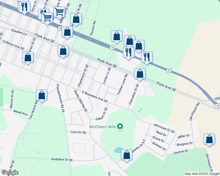 map of restaurants, bars, coffee shops, grocery stores, and more near 302 Solann Street in Aiken