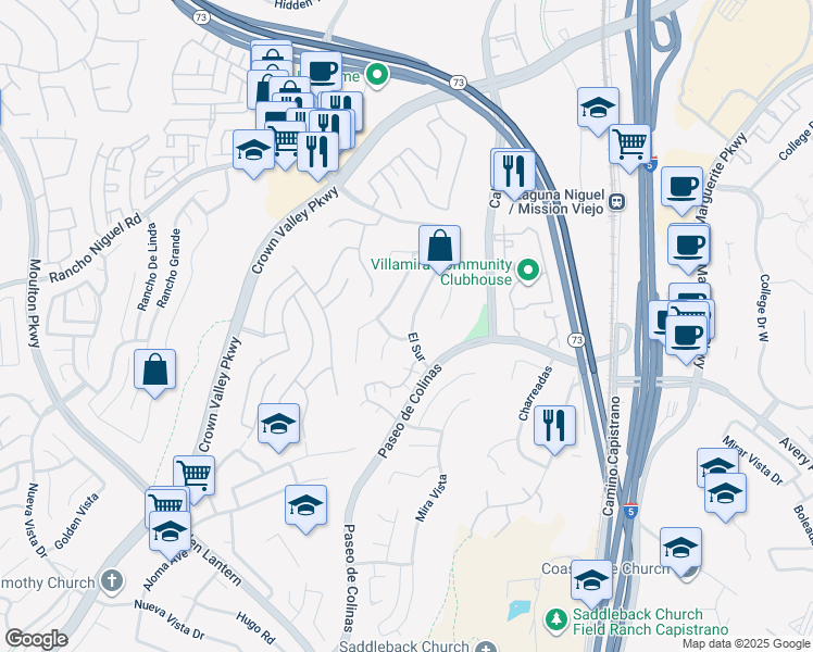 map of restaurants, bars, coffee shops, grocery stores, and more near 28501 El Sur in Laguna Niguel