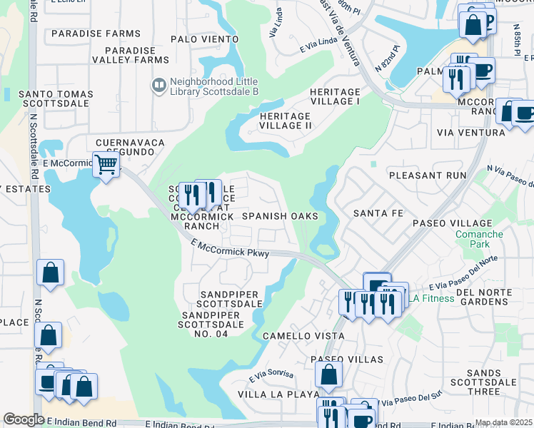 map of restaurants, bars, coffee shops, grocery stores, and more near 7822 East Sorrel Wood Court in Scottsdale