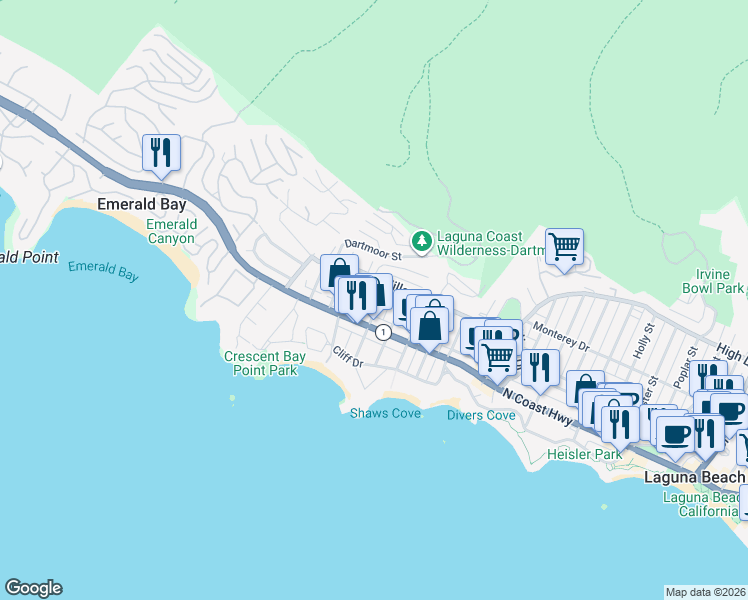 map of restaurants, bars, coffee shops, grocery stores, and more near 252 Chiquita Street in Laguna Beach