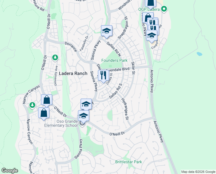 map of restaurants, bars, coffee shops, grocery stores, and more near 17 Gilly Flower Street in Ladera Ranch