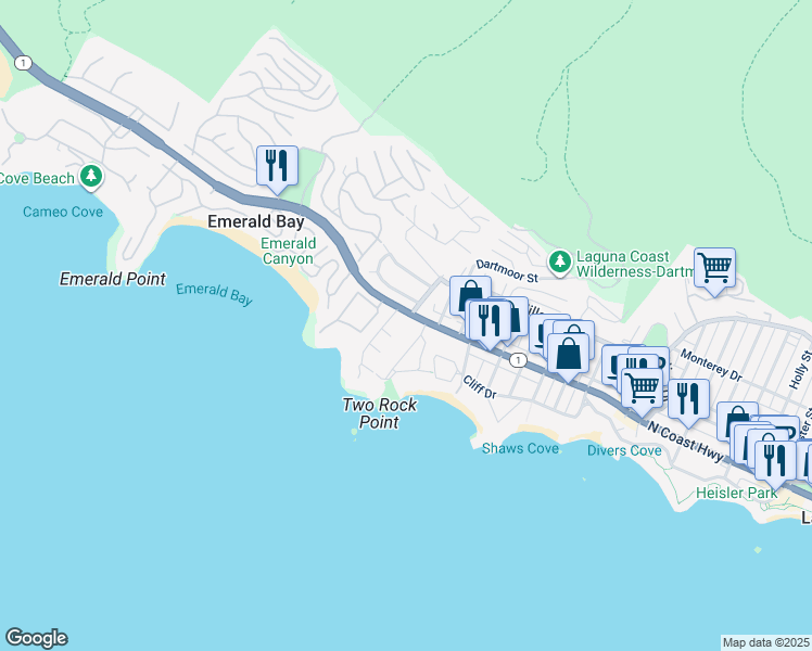 map of restaurants, bars, coffee shops, grocery stores, and more near 1565 North Coast Highway in Laguna Beach