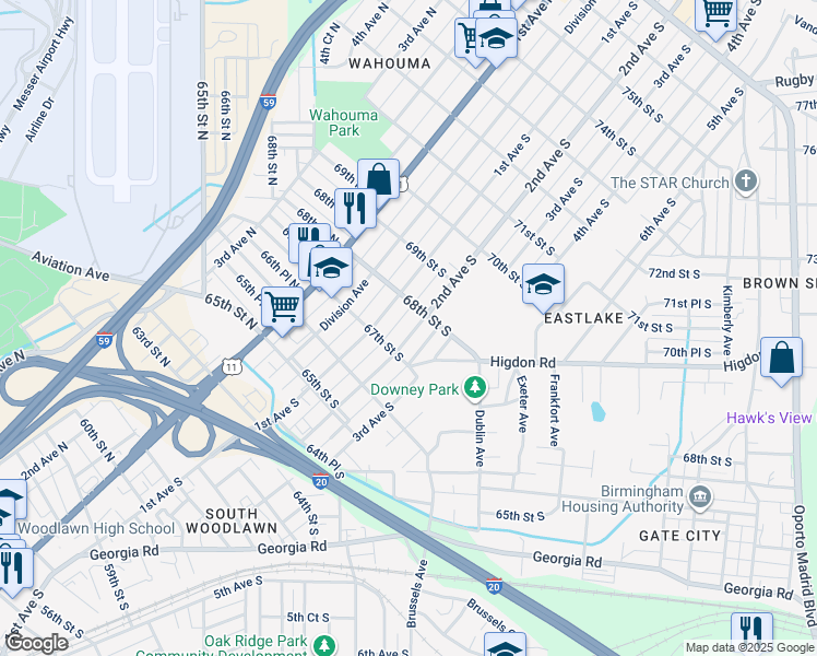 map of restaurants, bars, coffee shops, grocery stores, and more near 6718 2nd Avenue South in Birmingham