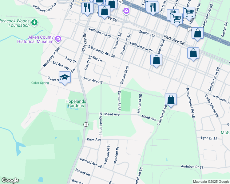 map of restaurants, bars, coffee shops, grocery stores, and more near 517 Sumter Street Southeast in Aiken