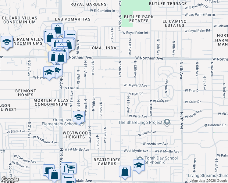 map of restaurants, bars, coffee shops, grocery stores, and more near 1515 West Frier Drive in Phoenix