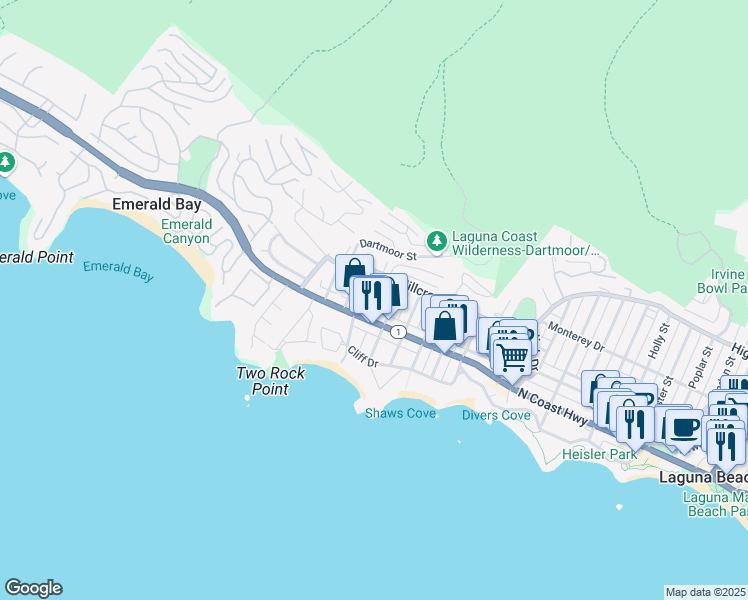 map of restaurants, bars, coffee shops, grocery stores, and more near 239 Cajon Street in Laguna Beach