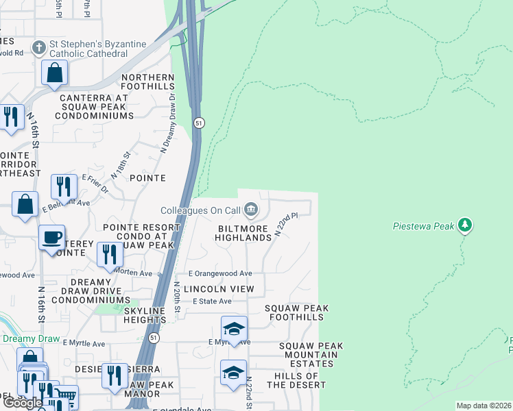 map of restaurants, bars, coffee shops, grocery stores, and more near 2145 East Belmont Avenue in Phoenix