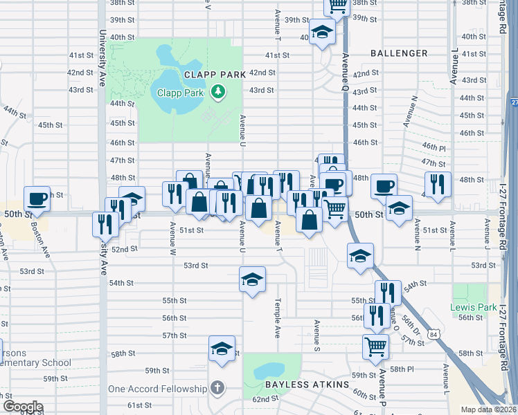 map of restaurants, bars, coffee shops, grocery stores, and more near 2006 50th St in Lubbock