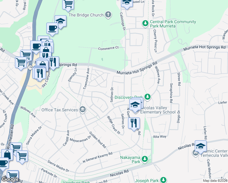 map of restaurants, bars, coffee shops, grocery stores, and more near 39354 Salinas Drive in Murrieta