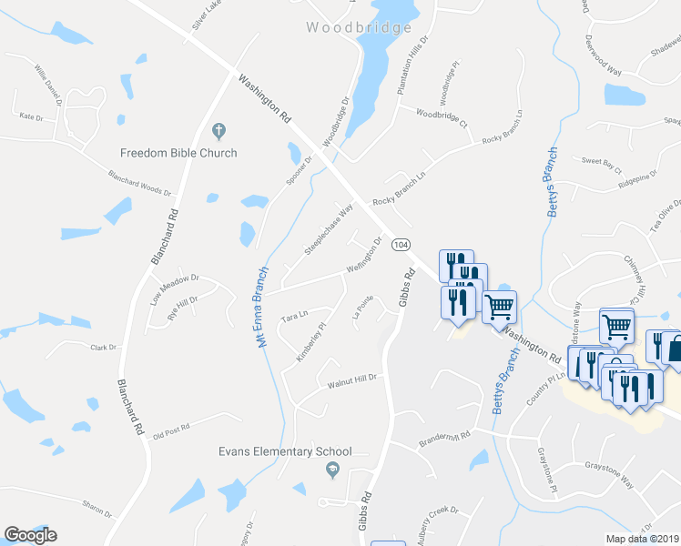 map of restaurants, bars, coffee shops, grocery stores, and more near 678 Wellington Drive in Evans