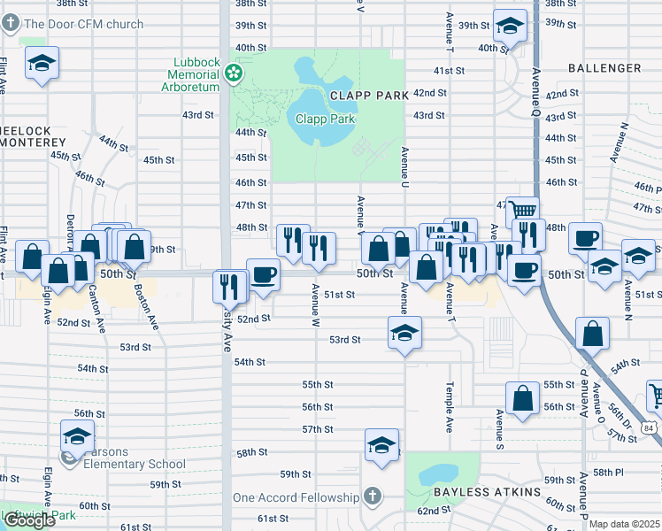 map of restaurants, bars, coffee shops, grocery stores, and more near 2132 50th St in Lubbock