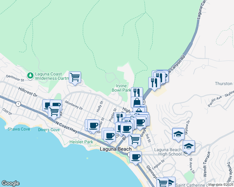 map of restaurants, bars, coffee shops, grocery stores, and more near 580 Poplar Street in Laguna Beach