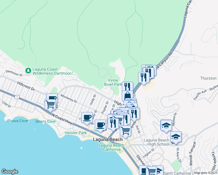 map of restaurants, bars, coffee shops, grocery stores, and more near 580 Poplar Street in Laguna Beach
