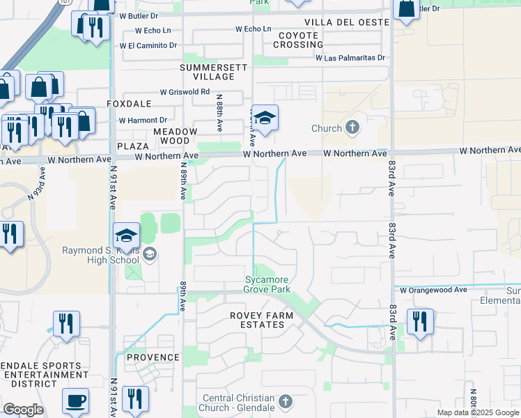 map of restaurants, bars, coffee shops, grocery stores, and more near 8668 West frier Drive in Glendale