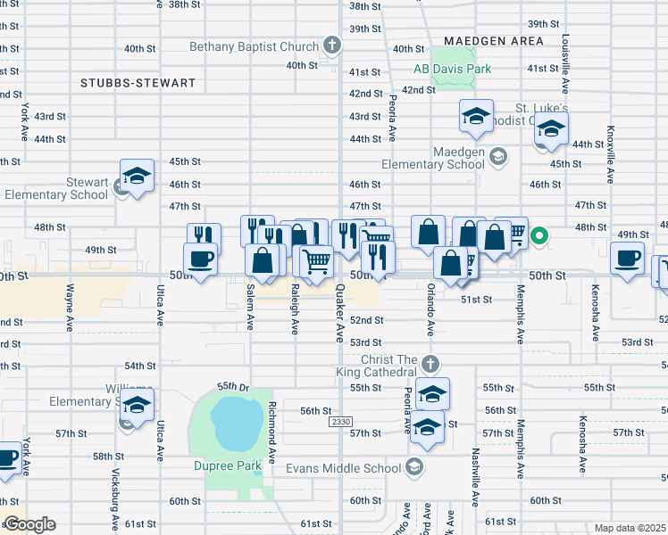 map of restaurants, bars, coffee shops, grocery stores, and more near 4402 50th St in Lubbock