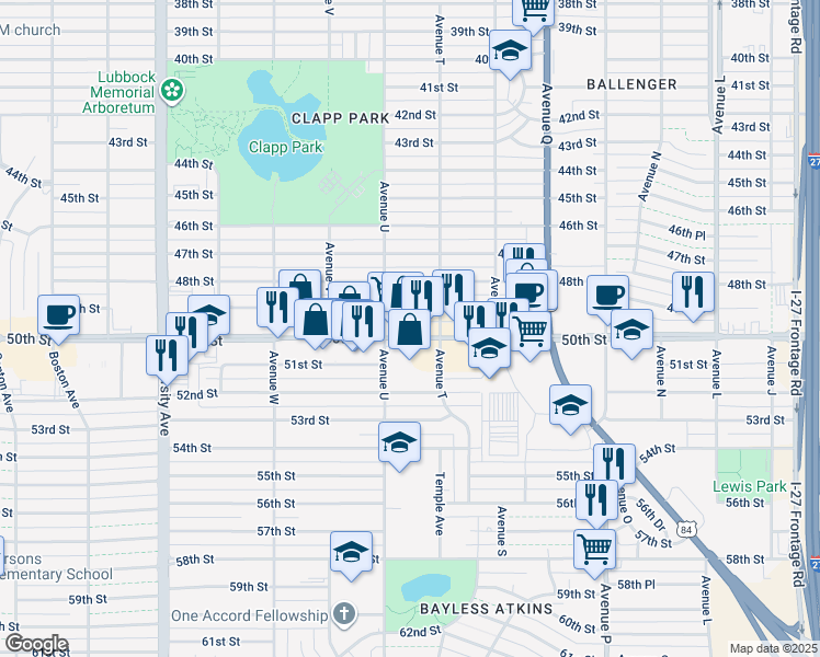 map of restaurants, bars, coffee shops, grocery stores, and more near 2006 50th Street in Lubbock