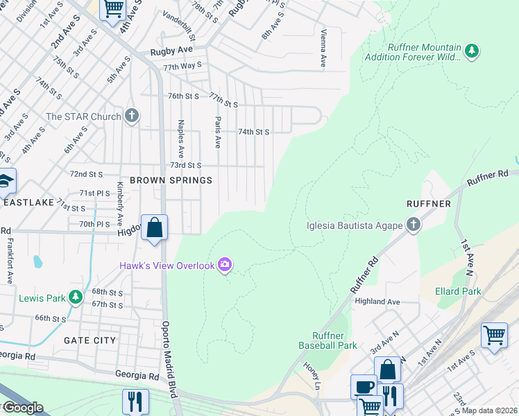 map of restaurants, bars, coffee shops, grocery stores, and more near 7248 Rome Avenue in Birmingham
