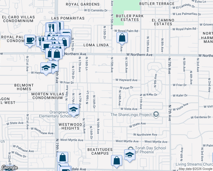 map of restaurants, bars, coffee shops, grocery stores, and more near 1515 West Frier Drive in Phoenix