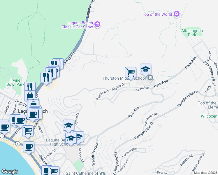 map of restaurants, bars, coffee shops, grocery stores, and more near 1495 Skyline Drive in Laguna Beach