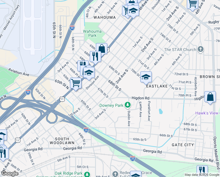 map of restaurants, bars, coffee shops, grocery stores, and more near 6718 2nd Avenue South in Birmingham