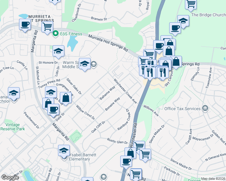 map of restaurants, bars, coffee shops, grocery stores, and more near 26932 Saint Julian Circle in Murrieta