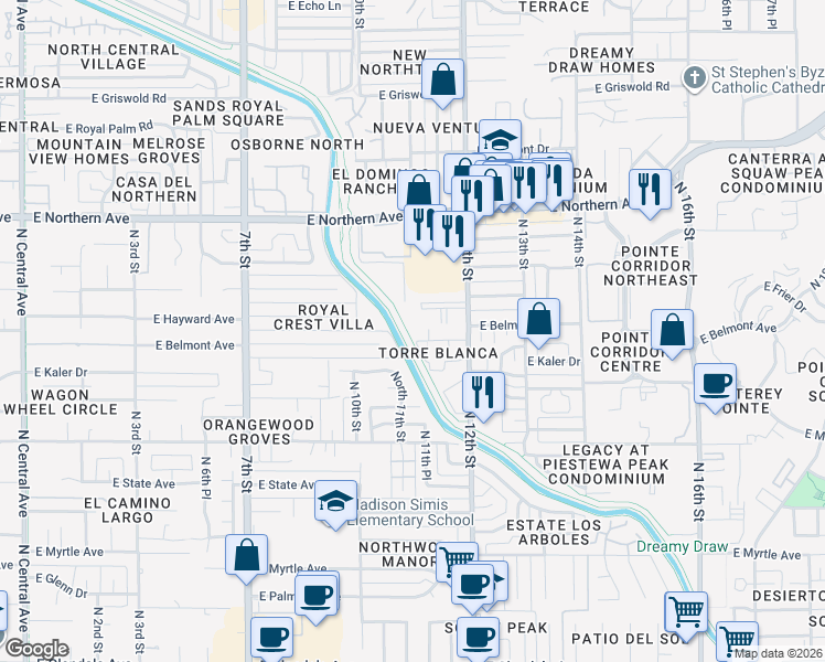 map of restaurants, bars, coffee shops, grocery stores, and more near 1110 East Belmont Avenue in Phoenix