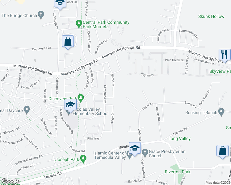 map of restaurants, bars, coffee shops, grocery stores, and more near 39366 Shree Road in Temecula