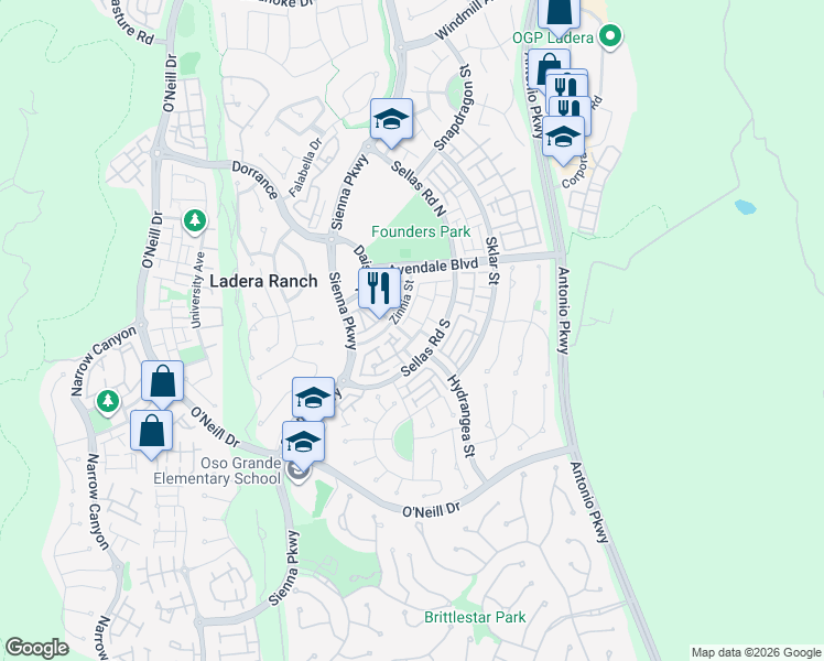 map of restaurants, bars, coffee shops, grocery stores, and more near 17 Gilly Flower Street in Ladera Ranch