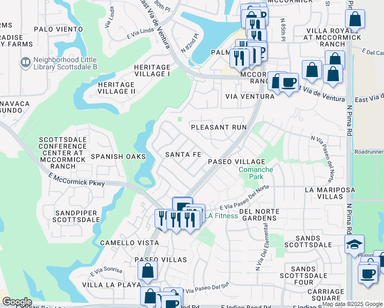 map of restaurants, bars, coffee shops, grocery stores, and more near 7725 North Vía De Fonda in Scottsdale