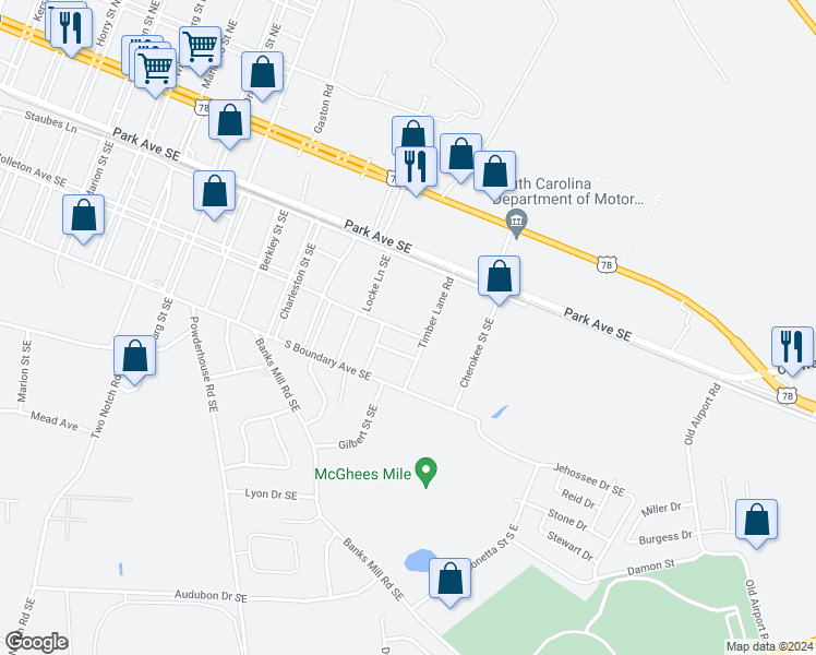map of restaurants, bars, coffee shops, grocery stores, and more near 1722 Colleton Avenue Southeast in Aiken