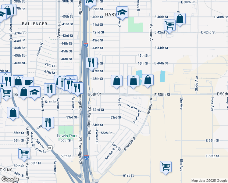 map of restaurants, bars, coffee shops, grocery stores, and more near 508 50th St in Lubbock