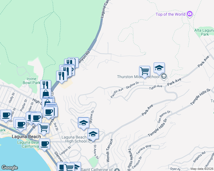 map of restaurants, bars, coffee shops, grocery stores, and more near 1385 Skyline Drive in Laguna Beach