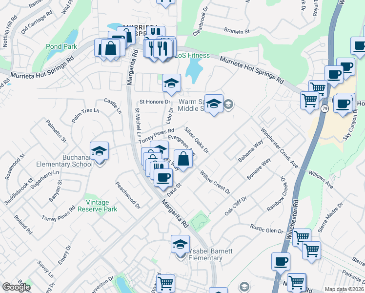 map of restaurants, bars, coffee shops, grocery stores, and more near 26729 Evergreen Avenue in Murrieta