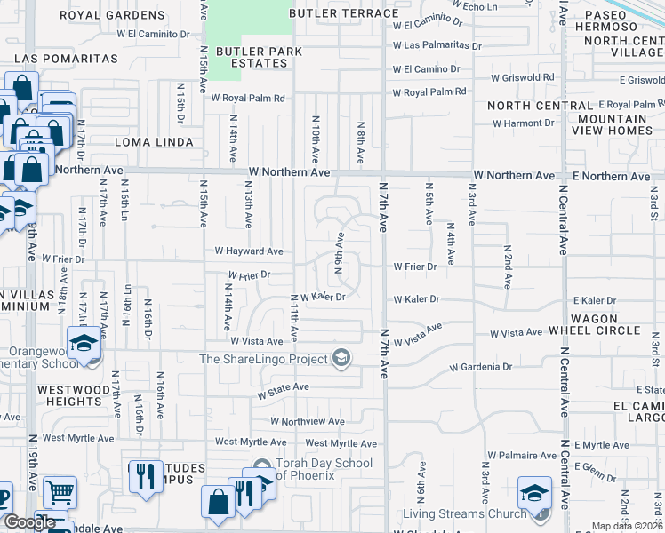 map of restaurants, bars, coffee shops, grocery stores, and more near 7645 North 9th Avenue in Phoenix