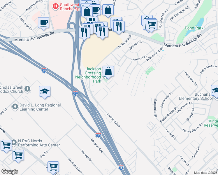 map of restaurants, bars, coffee shops, grocery stores, and more near 40638 Cartier Street in Murrieta