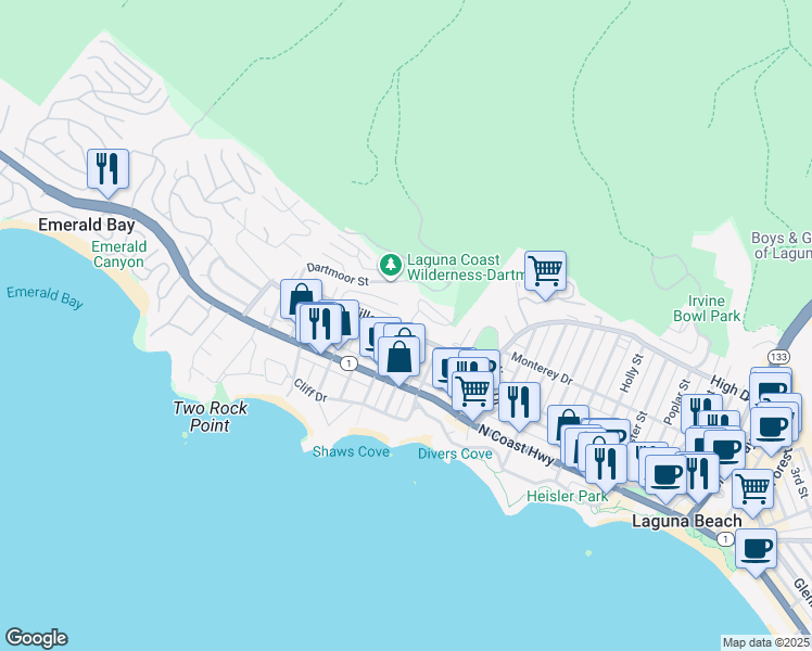 map of restaurants, bars, coffee shops, grocery stores, and more near 950 Hillcrest Drive in Laguna Beach