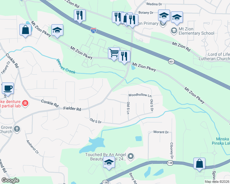 map of restaurants, bars, coffee shops, grocery stores, and more near 7508 Fielder Road in Jonesboro