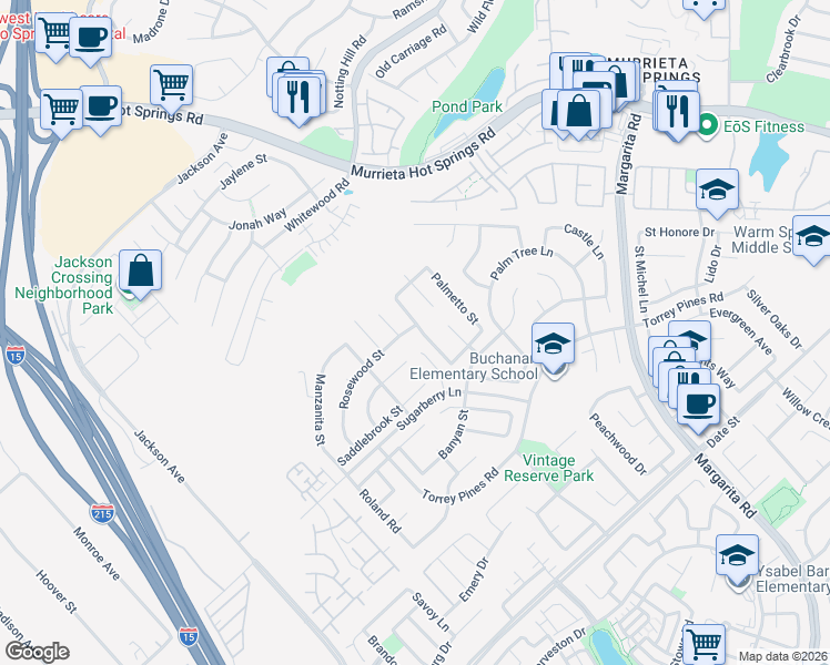 map of restaurants, bars, coffee shops, grocery stores, and more near 26170 Cottonwood Street in Murrieta