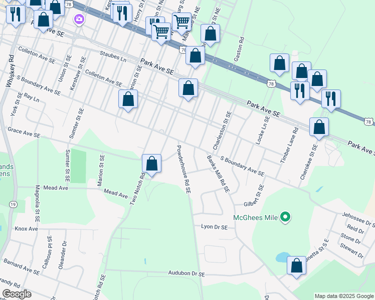 map of restaurants, bars, coffee shops, grocery stores, and more near 1215 South Boundary Avenue Southeast in Aiken