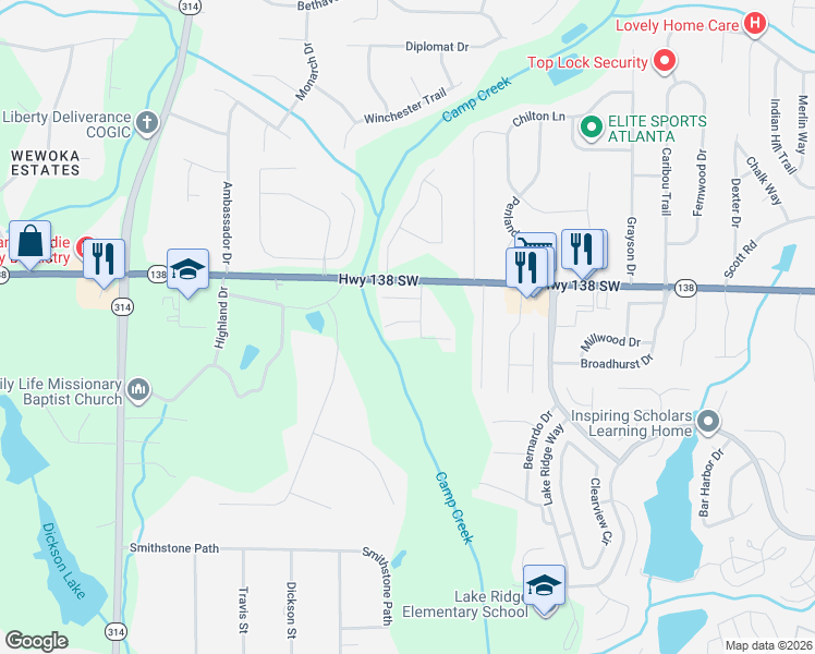 map of restaurants, bars, coffee shops, grocery stores, and more near 1486 Riverrock Court in Riverdale