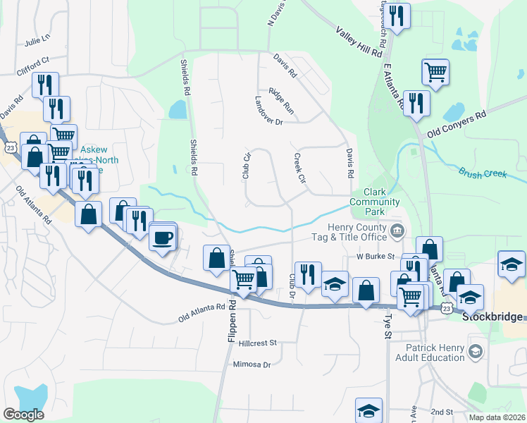 map of restaurants, bars, coffee shops, grocery stores, and more near 149 Club Circle in Stockbridge
