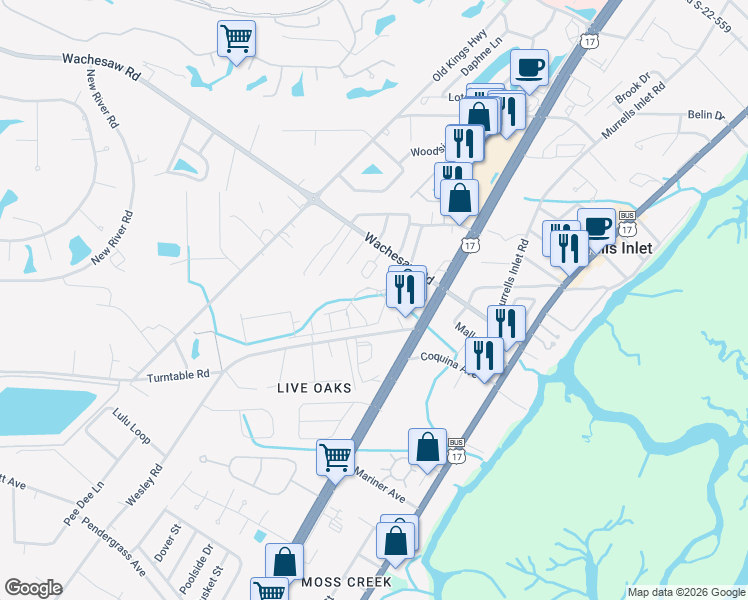 map of restaurants, bars, coffee shops, grocery stores, and more near 13 Muddy Bay Drive in Murrells Inlet