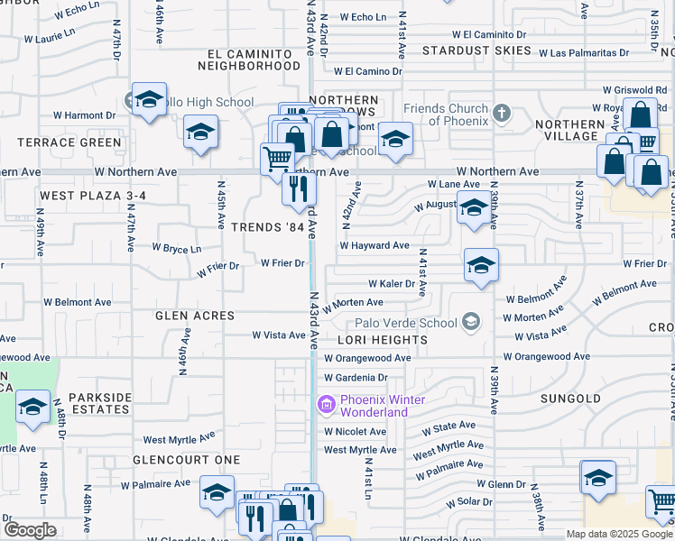 map of restaurants, bars, coffee shops, grocery stores, and more near 4248 West Kaler Drive in Phoenix
