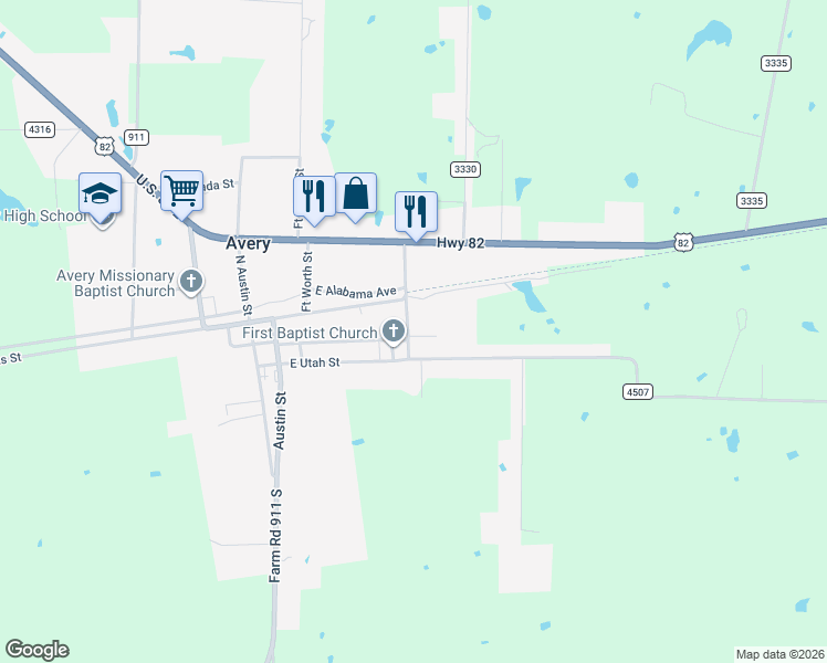 map of restaurants, bars, coffee shops, grocery stores, and more near 265 South Dallas Avenue in Avery