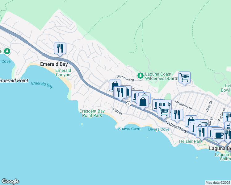 map of restaurants, bars, coffee shops, grocery stores, and more near 229 Viejo Street in Laguna Beach
