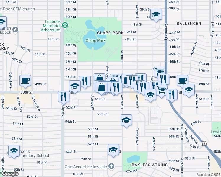 map of restaurants, bars, coffee shops, grocery stores, and more near 2118 50th Street in Lubbock