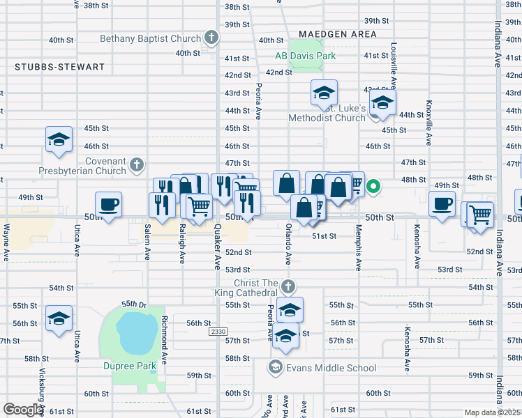 map of restaurants, bars, coffee shops, grocery stores, and more near 4214 50th Street in Lubbock